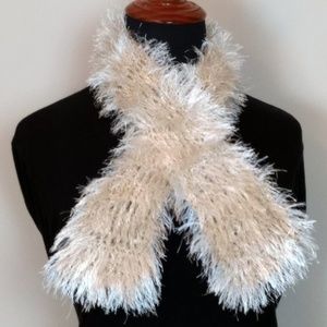 Furry Knit Scarf in Ivory and Gold